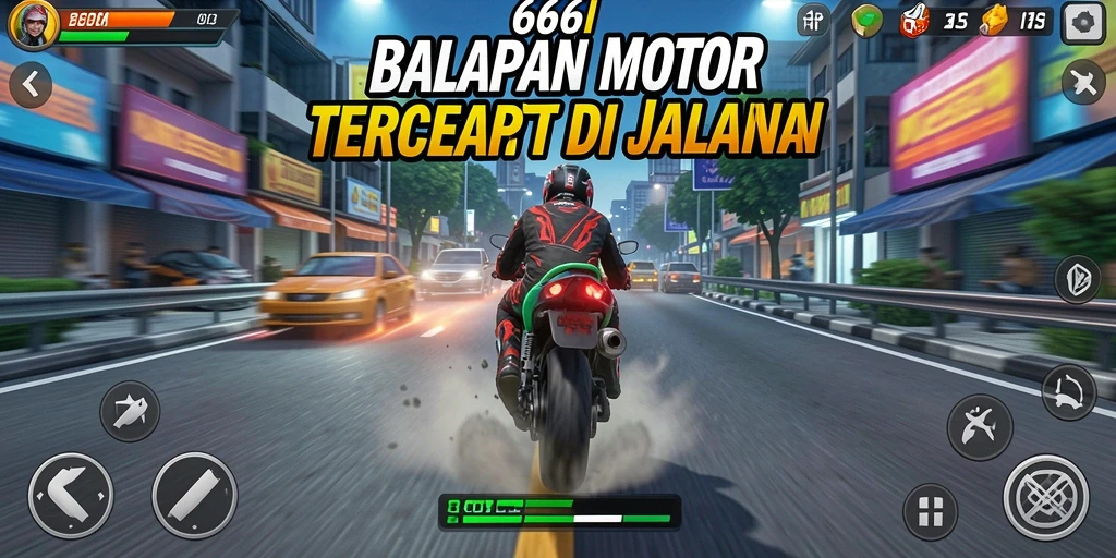 Tampilan gameplay seru di 666I dengan balapan motor cepat.