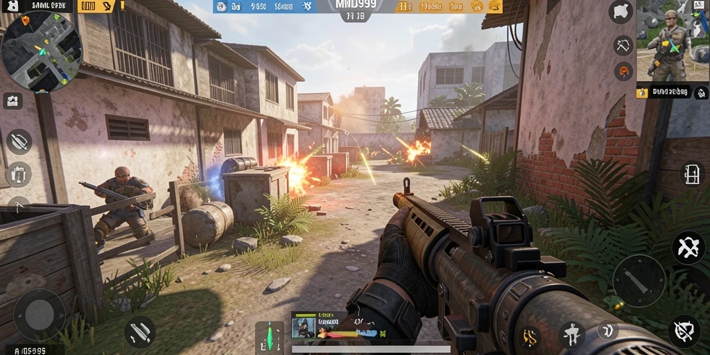Screenshot DMD999 menunjukkan aksi tembak-menembak yang mendebarkan di battlefield.