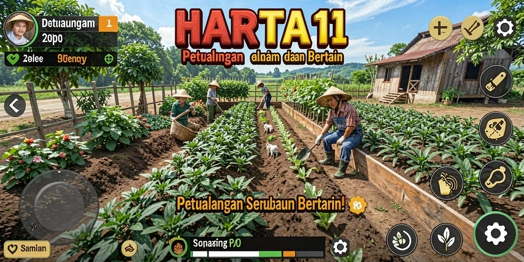 Screenshot HARTA11 menampilkan kebun yang indah dengan berbagai tanaman.