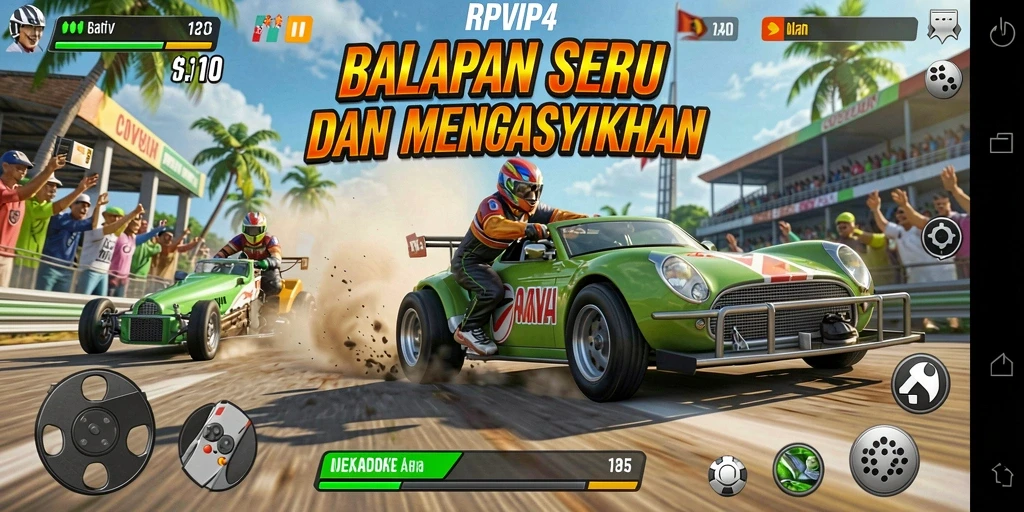 Tangkapan layar gameplay RPVIP4 dengan aksi balapan yang intens.