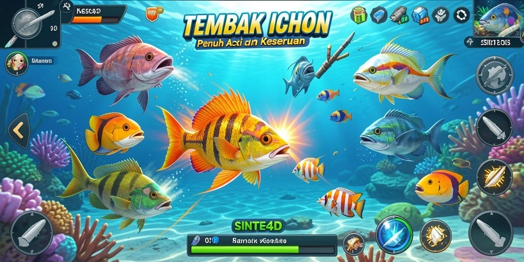 Tampilan gameplay <strong>SINTE4D</strong> saat menembak ikan dengan grafis menarik.